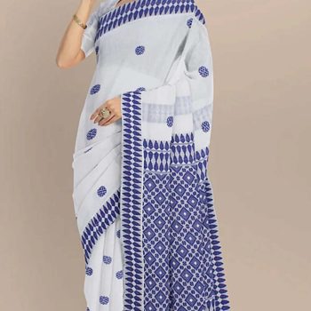 COTTON HANDWOVEN WHITE SAREE WITH BLUE MOTIFS